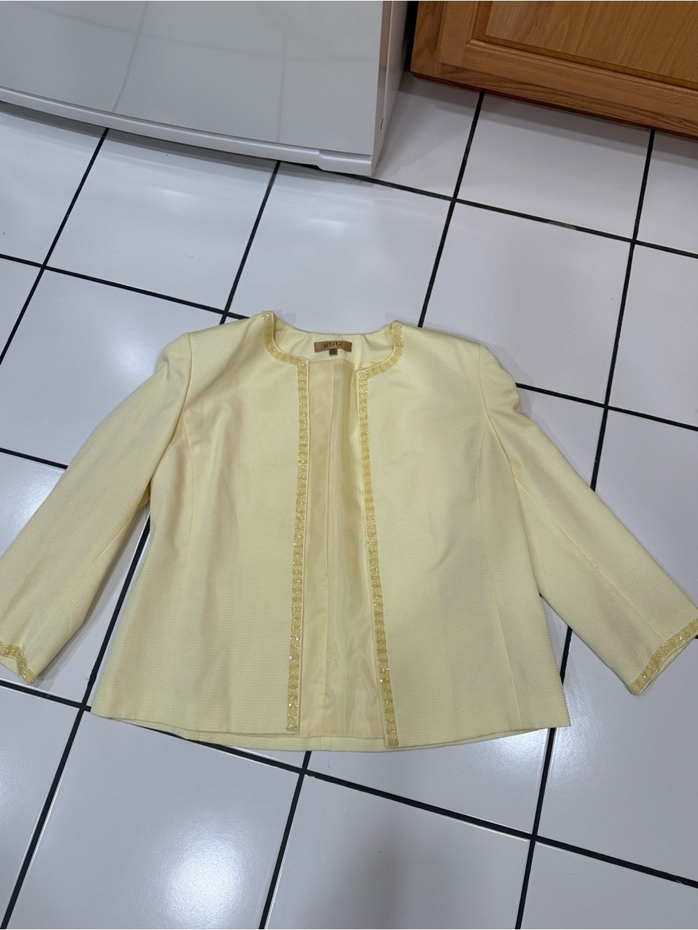 Kasper Light Yellow Bead Trim Open Front Blazer Topper Jacket Size 14